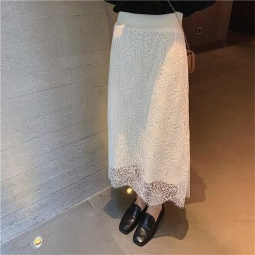 Hzirip Solid Embroidery A-Line Skirt Mid-Calf Patchwork Skirt Korean All-Match 2021 New Autumn Fashion Loose Office Lady Gentle