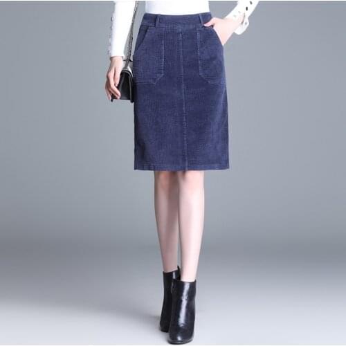 Winter Fall Fashion Women High Waisted Blue Black Grey Knee Length Corduroy Skirt , 2019 Autumn Female Woman Slim A Line Skirts