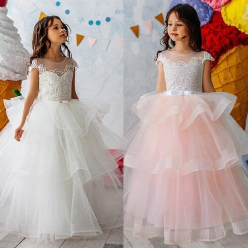 Ivory/Pink Flower Girl Dresses For Weddings Scoop Short Sleeves Lace Tiered Long First Communion Dresses For Little Girls