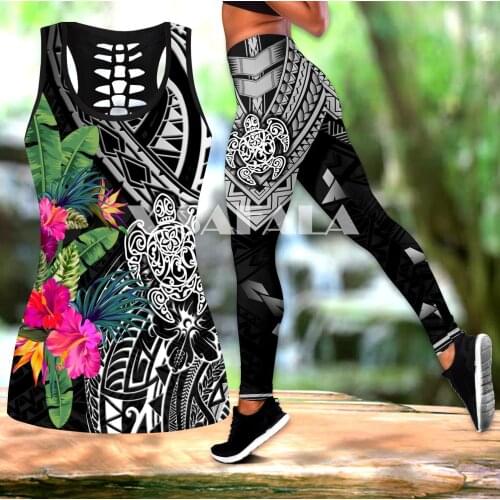 Pohnpei Polynesian Tattoo Turtle Two Piece Yoga Set Women 3D Print Hollow Out Tank Top High Waist Legging Summer Casual Sport-8