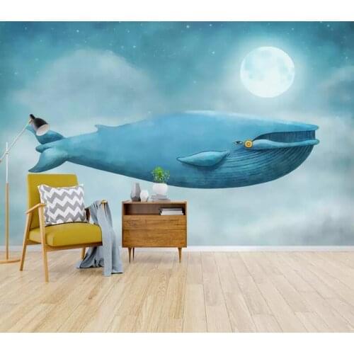 Custom 3D photo modern hand-painted romantic fairy tale flying whale children bedroom living room background wall