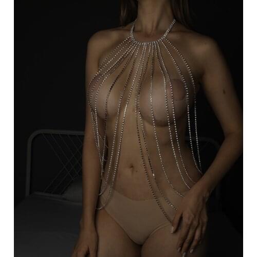 StoneFans Rhinestone Fashion Women Tassel Bra Harness Lingerie Strap Crystal Bling Bikini Sexy Body Chain Necklace Jewerly Party