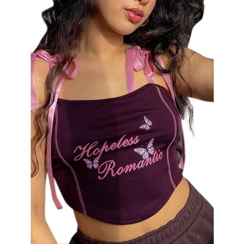 Ladies Summer Midriff-baring Camisole, Letter Butterfly Printing Tie Up Shoulder Strap Sleeveless Backless Tops Slim Base Shirt
