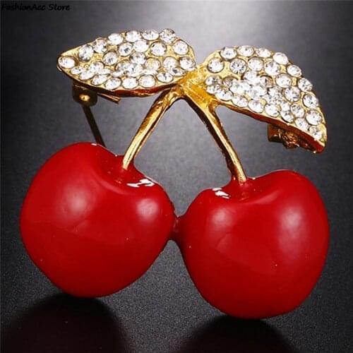 Trendy Red Cherry Fruits Banquet Pins Brooch Men Women Clothes Rhinestone Brooch Jewlery