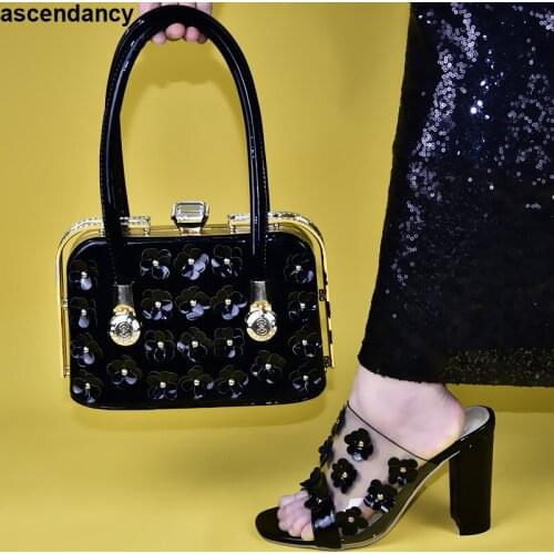 Metal Decoration Party Shoe and Matching Bag for Nigeria Party PU Leather High Heel Sandals Shoes and Bag Set African Sets 2019