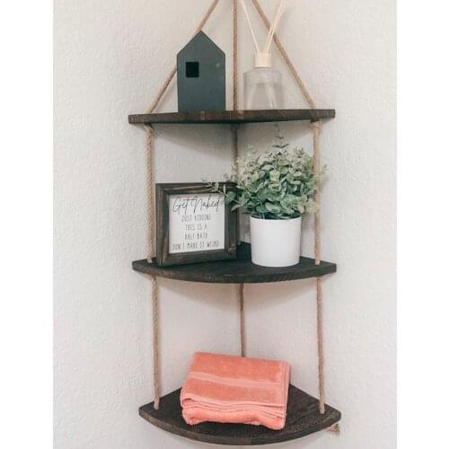 Fan-Shaped 3 Layers Punch-Free Wood Wall Hanging Floating Shelves with Rope for Living Room Decoration