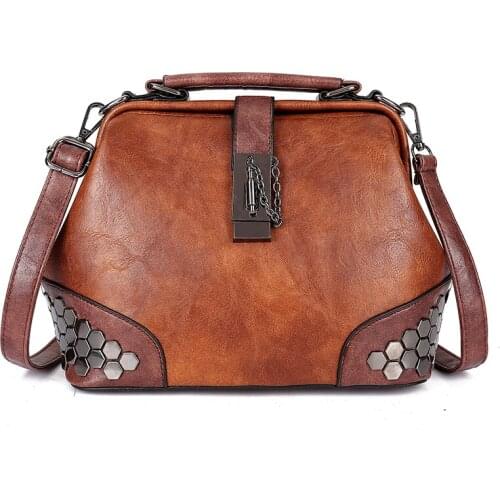 Vintage Top Handle Bag Women Leather Frame Handbag Retro Rivet Small Shoulder Bag High Capacity Ladies Hand Bags Crossbody Bags