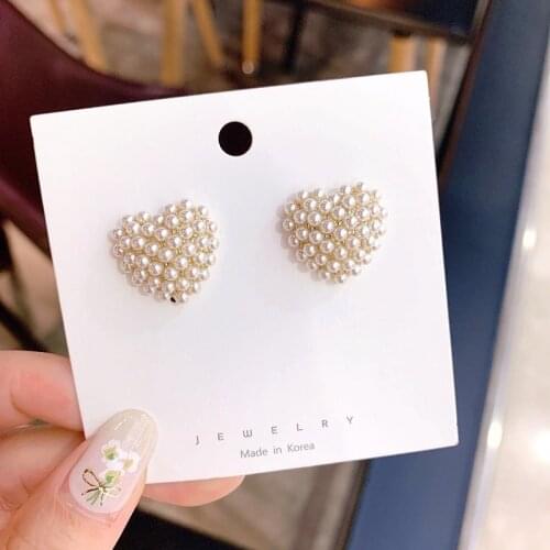 Women Fashion Handmade Cute Love Heart Simulated Pearl Stud Earrings
