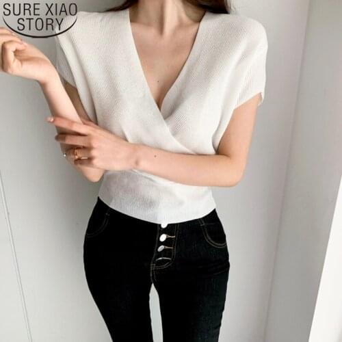 Cross Waist Sexy Knit Tops Shirt Fashion Women Blouses and Tops 2021 V-Neck Women Shirt Korean Summer Short Sleeve Clothes 15751