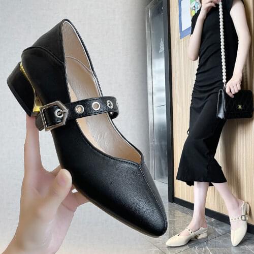 2021 New Spring Autumn Leather Shoes Women Slip on Mary Jane Shoes Fashion Buckle Pointed Ladies Chunky Loafers
