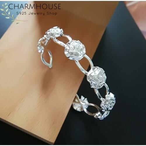 Wristband Wedding Bangles For Lady Women 925 Silver Rose Flower Cuff Bangle Bracelet Pulseira Bridal Jewelry Bijoux Party Gift