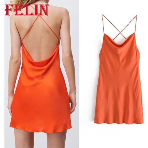 FELIN Za 2021 Stain Sexy Mini Dress Women Ties Crossed Chic Orange Cami Dress Summer Fashion Backless Vestidos