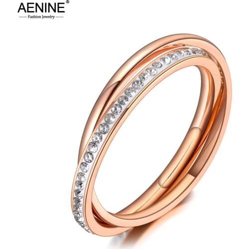 AENINE Fashion 2 Layers White Clay Crystal Wedding Rings Jewelry Stainless Steel Rhinestone Engagement Ring For Women AR20047