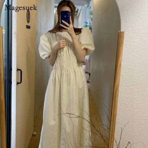 2021 New Chic Summer Women Dress Cotton Bubble Sleeve Round Neck Pleated Dress for Women French Mid-length Dress Vestido 13997