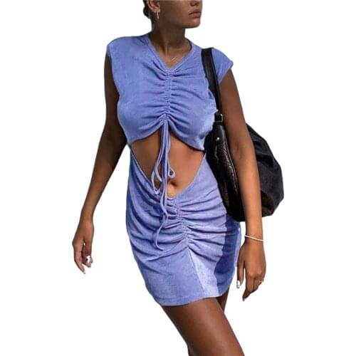 Women’s Casual Sleeveless Hollow-out Dress Summer Solid Color Drawstring Tight Short Dress High-waist Slim Wrap Hip Dress
