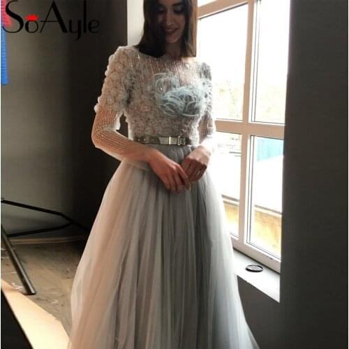 SoAyle Sweet Evening Dress 2019 Sequin Feathers Prom Dresses A-line Long Sleeve Appliques Beaded Birthday Prom Party Gown