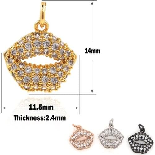 Gold Lip Pendant,Micropavé Kiss Necklace, Lip Charm,DIY Jewelry Making Accessories 14 ×11.5 ×2.4mm