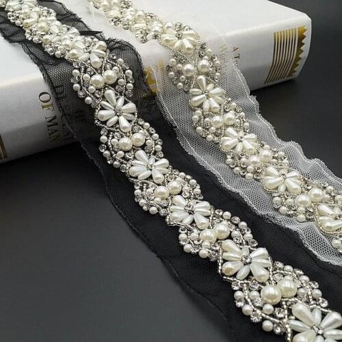 1Yard 5.5cm white/black pearl beaded lace trim bridal sash Bridal Belt beads Trimmings jewelry Trim