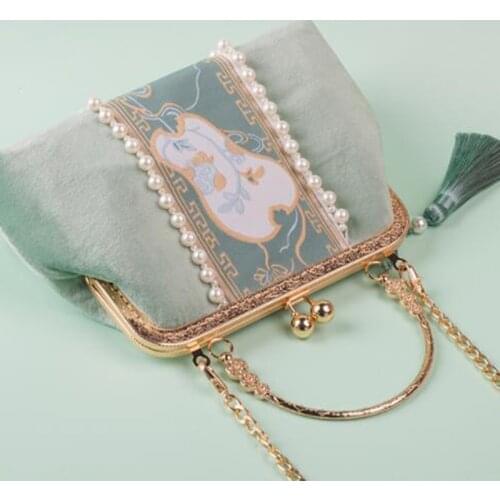 2021 Fashion Golden Frame Patchwork Handbag Totes Embroidery Ball Hasp Fan Top Handle Tassel Pearl Women Crossbody Bags