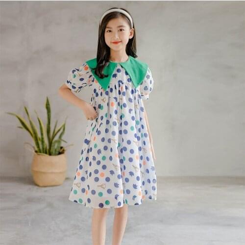 2021 Teen Girl Dress Summer Kids Dresses for Girls White Short Sleeve Dot Princess Dress Big Collar Children Clothing 6-16 Yrs