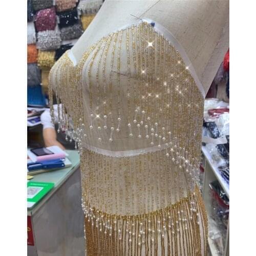 5 Yards Pearl Ribbon Beaded Fringe Trim Lace Tassle Trim for Wedding Bridal Gown Dress/party Sewing