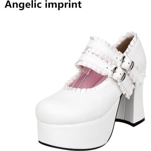 Angelic imprint woman mori girl lolita cosplay shoes lady high heels pumps women princess dress party shoes lacework 33-47 9.5cm