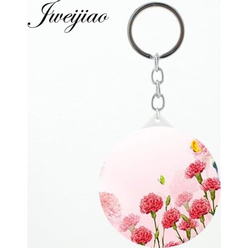 JWEIJIAO Red flowers and green leaves Round Compact mirror Chinese rose peony orchid Pictures Printing keychains Mirror FS55