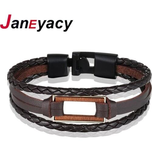 Janeyacy Brand 2018 Vintage Mens Bracelet Rectangle Wood Leather Bangle Womens Fashion Bracelet Mens Pulseras Preferred