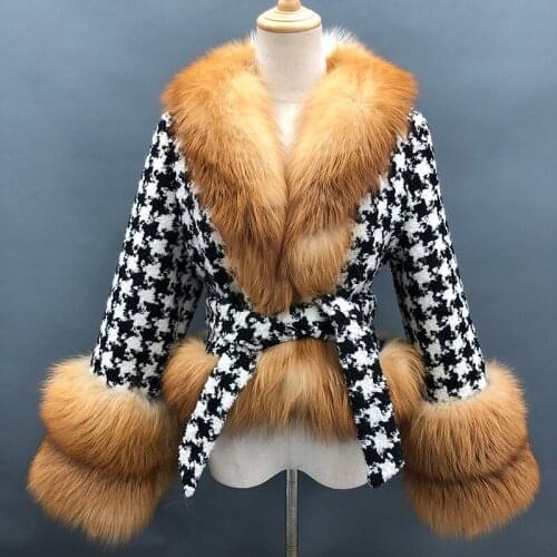 Cashmere Coat Fox Fur Collar Winter Female Short Elegant Houndstooth Wool Women Coat MSJ-CC01