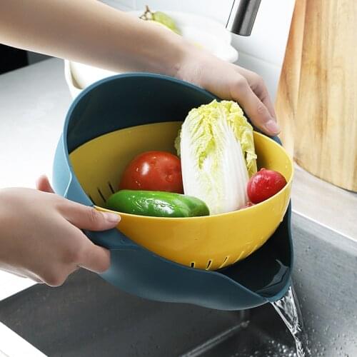 Kitchen Multifunctional Rotating Drain Basket Double-layer Plastic Flip Fruit and Vegetable Basin Round Household Storage