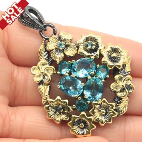 53x38mm Neo-Gothic Sky Blue Topaz For Womans Street Fashion Jewelry Black Gold Silver Pendant