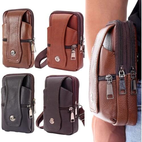 Men Outdoor Faux Leather Belt Waist Bag Mobile Phone Card Holder Case Pouch Lightweight Phone Holder Dual/Three Layers Waist Bag