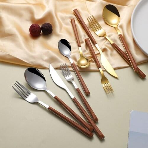 5Pcs/set Stainless Steel Dinnerware Sets Silver gold Marble Wooden Tableware Silverware Flatware Set Dinner Knife Fork Spoon