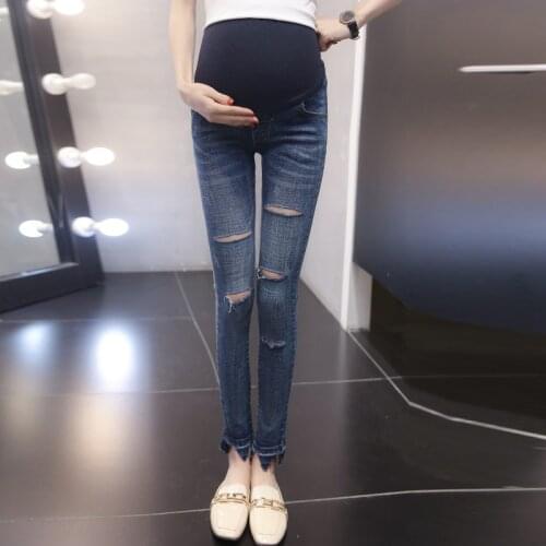 2018 new hole high elastic pregnant women denim pants stomach lift pregnant women denim bottom pants