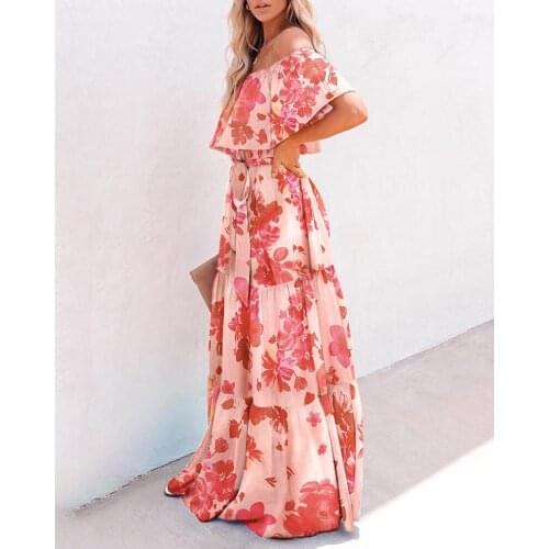New Europe And America Sexy Dunhuang Wrap-Chested Printed Gradient Color Billowy Dress Strapless Dress Floral Skirt Beach