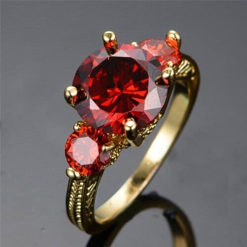 Charming Red Crystal Round Zircon Yellow Gold Rings for Women Fashion July Birthstone Ring Finger Bands Engagement Promise Gifts