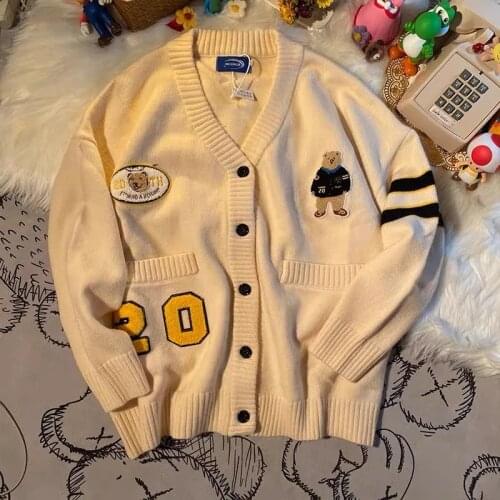 2021 Autumn Winter Harajuku Student Cardigan Sweater New Sweet Letter Bear Print Lazy Wind Cardigan Jacket Loose V Neck Sweater