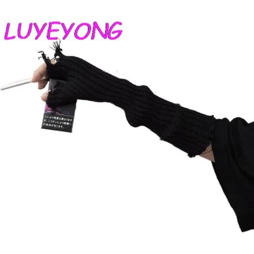 Tattered Punk Unisex Fingerless Cuff Knit Gloves Women Men Elbow Length Mittens Broken Cool Stretch Arm Warmer Black Gray Beige