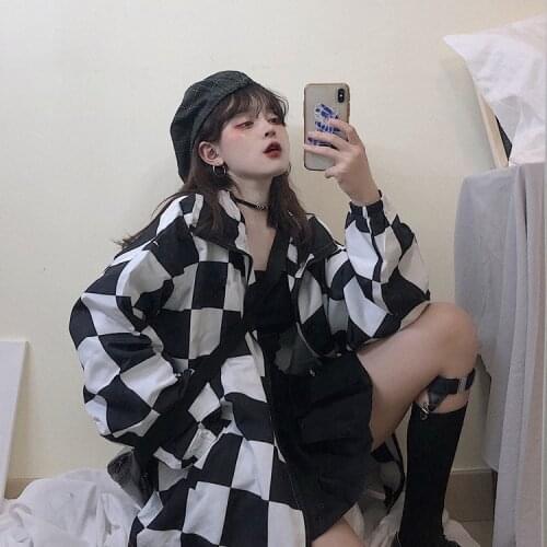 Korean Ulzzang casual fashion autumn hip-hop plaid long sleeve Harajuku streetwear loose punk Vintage large size hooded jacket