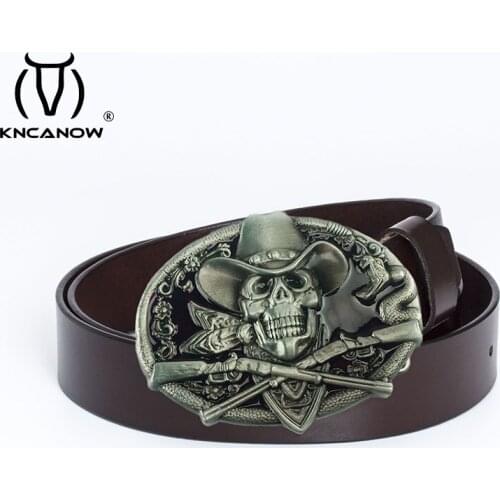 Male Fashion Leather Belt Men Male Genuine Leather Strap Luxury Punk Skull Buckle Mens Belt Cowskin Cummerbunds Ceinture Homme