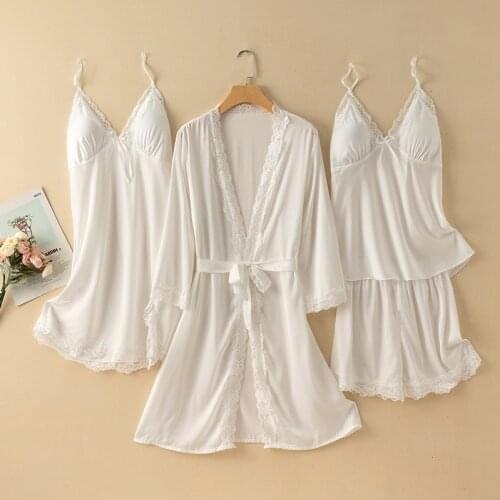 Sexy Womens 4PCS Pajamas Set V-Neck Nighties Wear Home Negligee Nightwear Lingerie Pijama Spring Nighty Robe Gown Suit Sleepwear