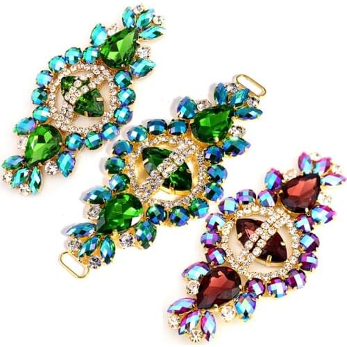 1pcs 12x6cm Glass Sew On Rhinestones Applique Gold Base Flatback Green Crystal Strass for DIY Bags Accessories B1360