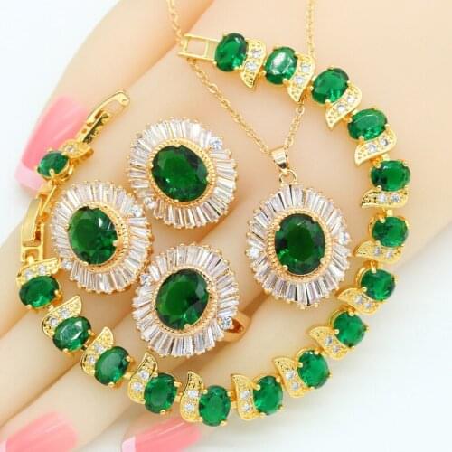 Green Semi-precious Gold Plated Jewelry Sets for Women Bridal Earrings Necklace Pendant Ring Bracelet Birthday Gift