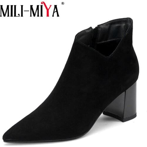 MILI-MIYA Autumn Winter Women Sexy Point Toe Ankle Boots Square High Heels Fashion Classic Style Zip Dress Shoes Big Size 34-43