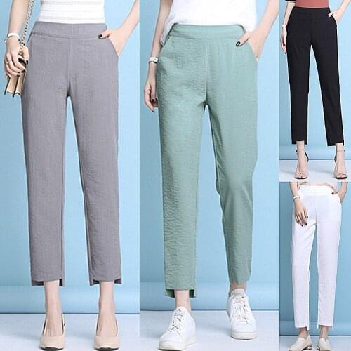 Makuluya Summer Ice fabric Cotton Linen Pencil Ankle-Length Pants Elastic High Waist All-Match Trousers Vintage Casual Women L