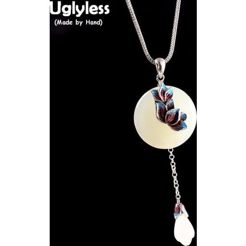 Uglyless Enamel Floral Lotus Earrings Pendants Sets Women Jade Tassel Magnolia Necklace NO Chain 925 Silver Vintage Jewelry Sets