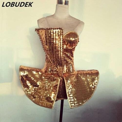 Lady Strapless Costume Silver Gold Sequins Rivet Bodysuit Nightclub DJ Singer Stage One Piece Bar Dancer Performance Stage Wear