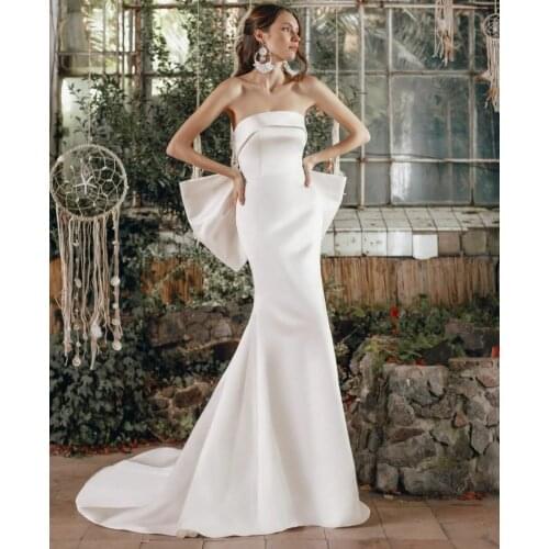 Elegant Long Mermaid Satin Wedding Dresses Back with Bow Court Train Pleated Vestidos de Novia Abendkleid Bridal Gown for Women