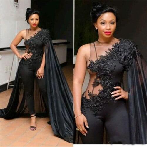 Elegant 2021 Black Jumpsuit Evening Dresses Long with Flowers Appliques Beads Elastic Satin Formal Evening Party Dress for Women