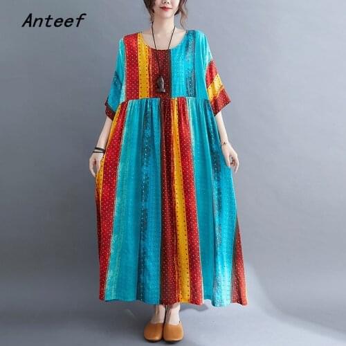 Short sleeve cotton vintage stripe dresses for women casual loose long woman summer dress elegant clothes 2021